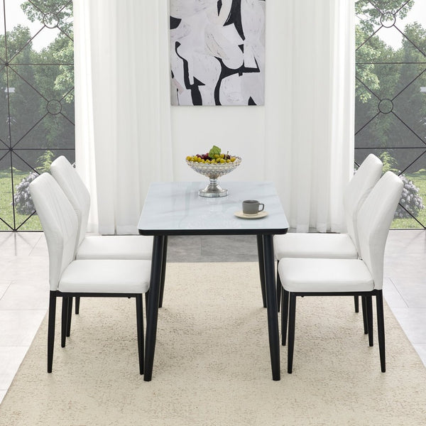 English Elm Table and Chair Set Modern Marble Glass Top with Four Pu Leather Seats for Dining W1151S04662
