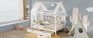 English Elm Full House Solid Wood Platform Bed with Window Roof, Under-Bed Drawers & Shelves for Kids' Rooms Light White W1580S00267