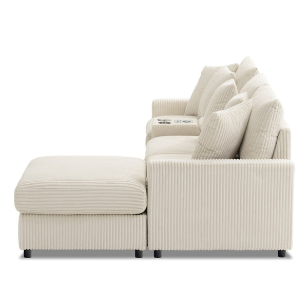 English Elm 114*64'' Corduroy Cloud Sectional with Bluetooth Speakers Usb Charging Ottoman Lounge Sofa N723S9756A