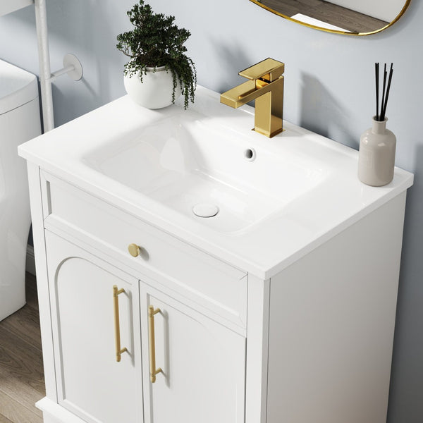 English Elm 27.8" Mid-century Freestanding Bathroom Vanity with Ceramic Sink Drawer and Wood Base White W1801S00004