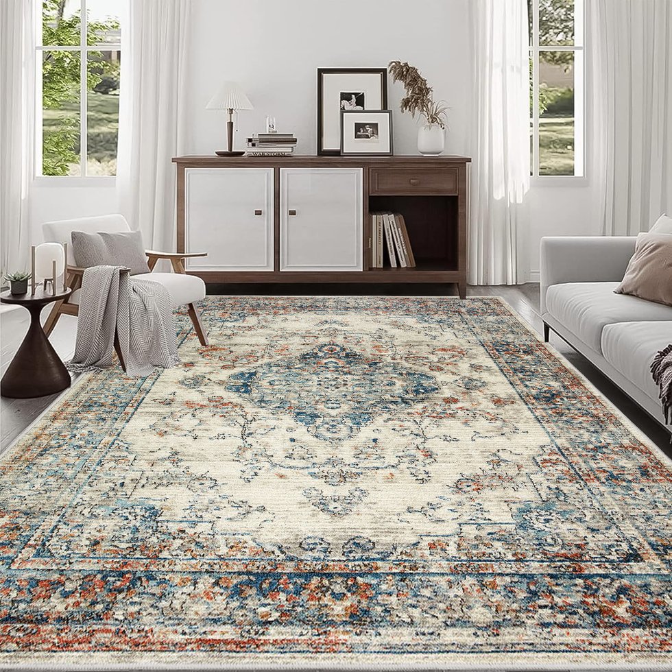 English Elm Area Rug 8X10 Vintage Bohemia Floral Design - Antique Blue Green Non-Slip Washable For Any Room W2907P265140