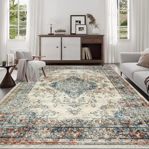 English Elm Area Rug 8X10 Vintage Bohemia Floral Design - Antique Blue Green Non-Slip Washable For Any Room W2907P265140