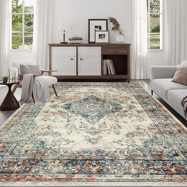 English Elm Area Rug 8X10 Vintage Bohemia Floral Design - Antique Blue Green Non-Slip Washable For Any Room W2907P265140