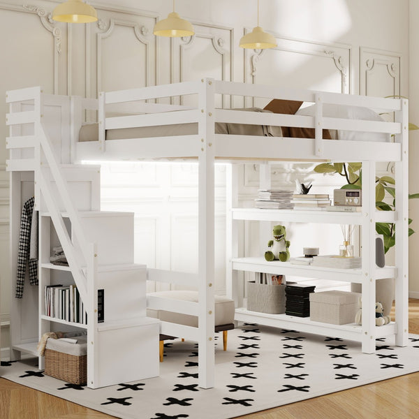 English Elm Full Size Loft Bed with Wardrobe Storage Staircase Shelves and Led Lighting N7090000472K-1