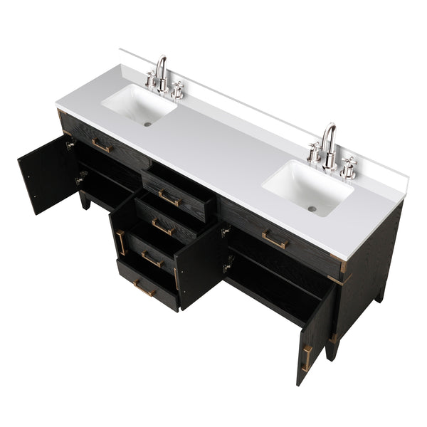 English Elm Black Oak Double Bath Vanity With White Quartz Top & Chrome Faucet Set - Modern, Stylish & Durable B2731P260971