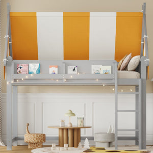 English Elm Twin Solid Wood Loft Bed with Led Lights Canopy Bookshelf for Kids Bedroom Gray N7090002241E