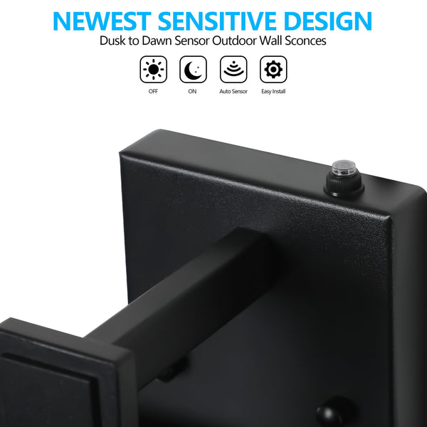 English Elm 20"(H) Set Of 2 Modern Outdoor Wall Lanterns - Black Metal Frame, Clear Glass, Dusk-To-Dawn Sensors W2312P374777