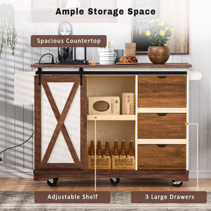 English Elm K&K 55.5" Farmhouse Kitchen Island with Sliding Barn Door, Drop Leaf, Charging Station, Wheels White N707P288229W