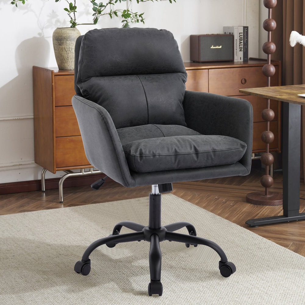English Elm Artificial ergonomic PU leather office chair with high-density foam, stain-resistant, adjustable height support and modern minimalist design for home and workspace comfort Black W2311P282367
