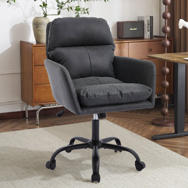 English Elm Artificial ergonomic PU leather office chair with high-density foam, stain-resistant, adjustable height support and modern minimalist design for home and workspace comfort Black W2311P282367