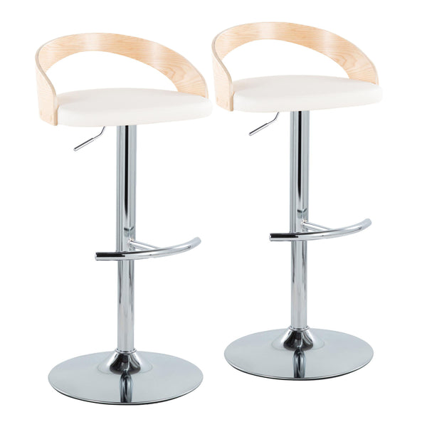 English Elm Grotto Adjustable Barstools Set Of 2 - Stylish Chrome, Natural Wood & White Faux Leather With Swivel B202S00917