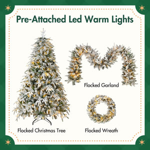 English Elm Christmas Snow Flocked Wreath Set with 9ft Garland & 6ft Tree, Warm LED Lights, 3-Piece Indoor Decor (100) PX283313AAW