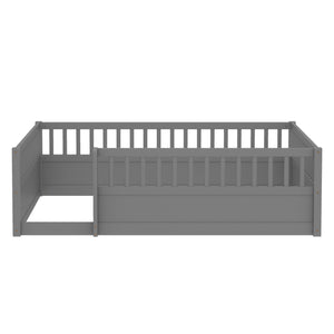 English Elm Full Montessori Floor Bed Frame with Fence for Kids — Pine Play & Reading Space, Sturdy Low Profile Gray W1580P307886