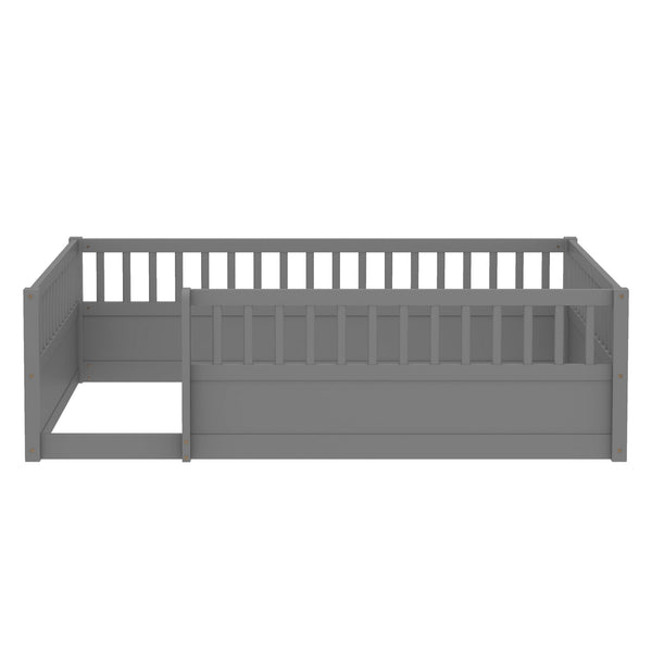 English Elm Full Montessori Floor Bed Frame with Fence for Kids — Pine Play & Reading Space, Sturdy Low Profile Gray W1580P307886