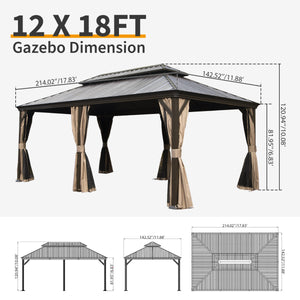 English Elm 12' X 18' Hardtop Gazebo with Drainage, Dual-Layer Galvanized Roof, Curtains, Netting, Durable Shelter W1859S00144