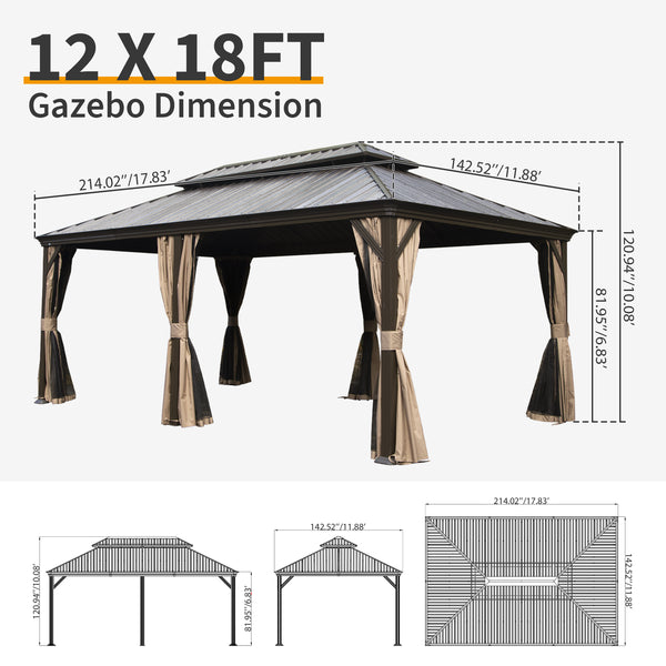 English Elm 12' X 18' Hardtop Gazebo with Drainage, Dual-Layer Galvanized Roof, Curtains, Netting, Durable Shelter W1859S00144