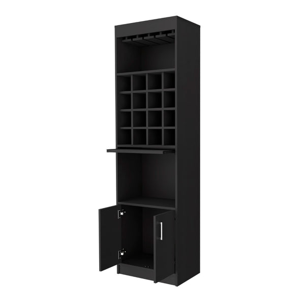 English Elm Myers Tall Bar Cabinet with Wine Rack Glass Holder Open Shelves and Double Doors B128S00154