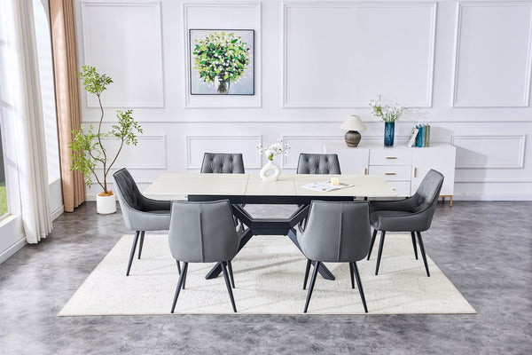 English Elm Modern Extendable Sintered Stone Dining Table with Auto-Lift, Scratchproof Waterproof Top & Black Metal Base W3493S00005