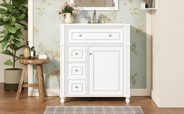 English Elm Bathroom Vanity with Sink French-Inspired 30" Ceramic Basin Vanity Cabinet with Soft-Close Doors & Drawer Organizer White N710P286723K