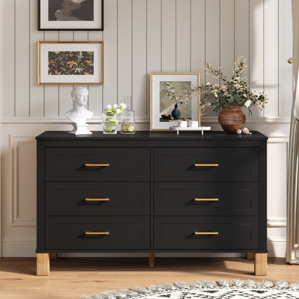 English Elm 6-drawer Solid Wood Dresser Mid-century Modern Gray Finish with Metal Bar Handles Black W1445P419756