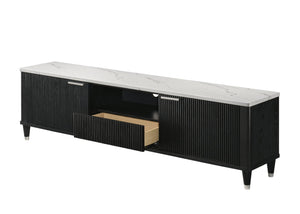 English Elm 1pc Mid-century Media Console Faux Marble Surface Ribbed Cabinet Tapered Legs 79in Black,White B2741P483126