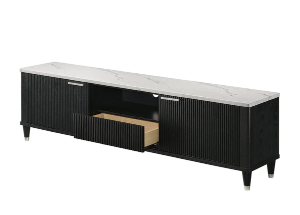 English Elm 1pc Mid-century Media Console Faux Marble Surface Ribbed Cabinet Tapered Legs 79in Black,White B2741P483126