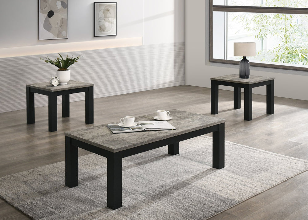 English Elm 3-piece Faux Concrete Wood Table Set with Matte Black Legs for Modern Living Rooms B011P482267