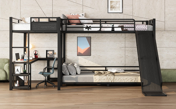 English Elm L-shaped Metal Triple Bunk Bed with Slide Desk Shelves Sleep Study Play Zone W1580S00280