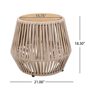 English Elm Acacia Wood Round Side Table Handwoven Rope Base Outdoor Coastal Boho Accent N770P380264B