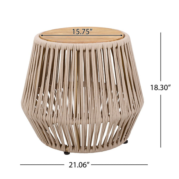 English Elm Acacia Wood Round Side Table Handwoven Rope Base Outdoor Coastal Boho Accent N770P380264B