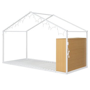 English Elm Twin House Bed Frame with Shelves & Built-In Lights, Metal-Wood Design for Creative Kids' Rooms White N737P176708K