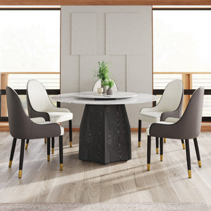 English Elm 53" Round Marble Dining Table With Lazy Susan, Black Oak Base For 6, Modern Elegance For Your Home W1535S00380