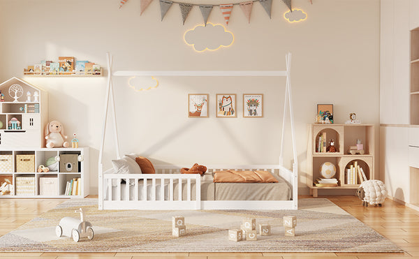 English Elm Twin House Bed with Roof and Fence for Kids – Sturdy Pine Frame, Vintage Wash Design, Safe Sleep Space White N709P183348K
