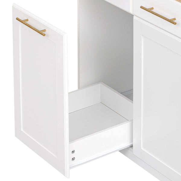 English Elm K&K Vintage Kitchen Island with Rubberwood Top, Hidden Wheels, Pull-Out Trash & Charging Station White N707P299014W