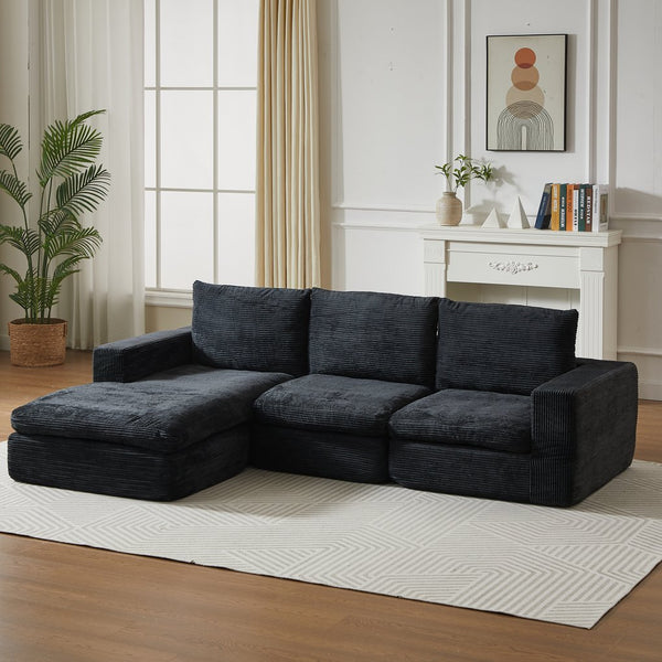 English Elm 99-Inch L-Shaped Sectional Sofa In Black Corduroy, No Assembly, Reversible Chaise & Comfort Pillows W834S00492
