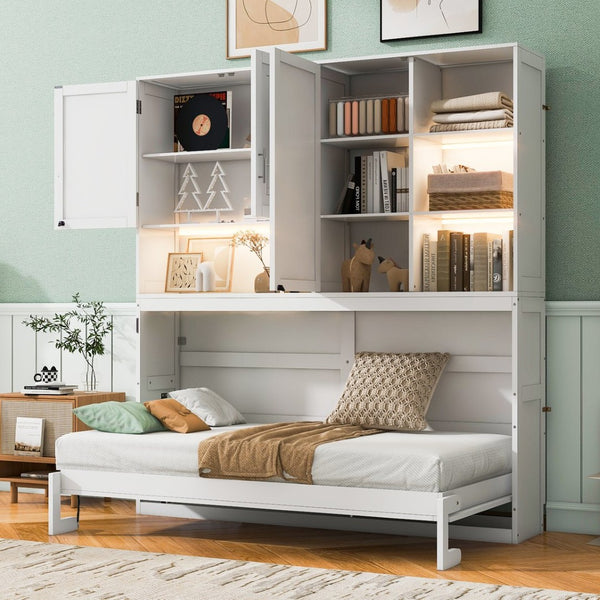 English Elm Twin Murphy Bed with Cabinet Shelves Built in Lighting Usb Ports Space Saving Wall Unit White LP000389AAK-1