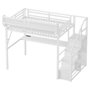 English Elm Full Loft Bed with Desk and Charging Station, Metal Loft with Stairs, Wardrobe, Shelves & Light White W2580S00046