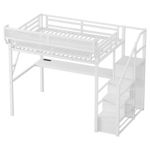 English Elm Full Loft Bed with Desk and Charging Station, Metal Loft with Stairs, Wardrobe, Shelves & Light White W2580S00046