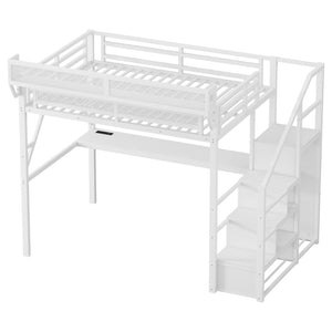 English Elm Twin Metal High Loft Bed with Staircase Storage Wardrobe for Kids and Teens W2580S00080
