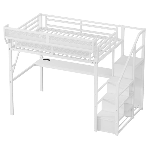 English Elm Twin Metal High Loft Bed with Staircase Storage Wardrobe for Kids and Teens W2580S00080