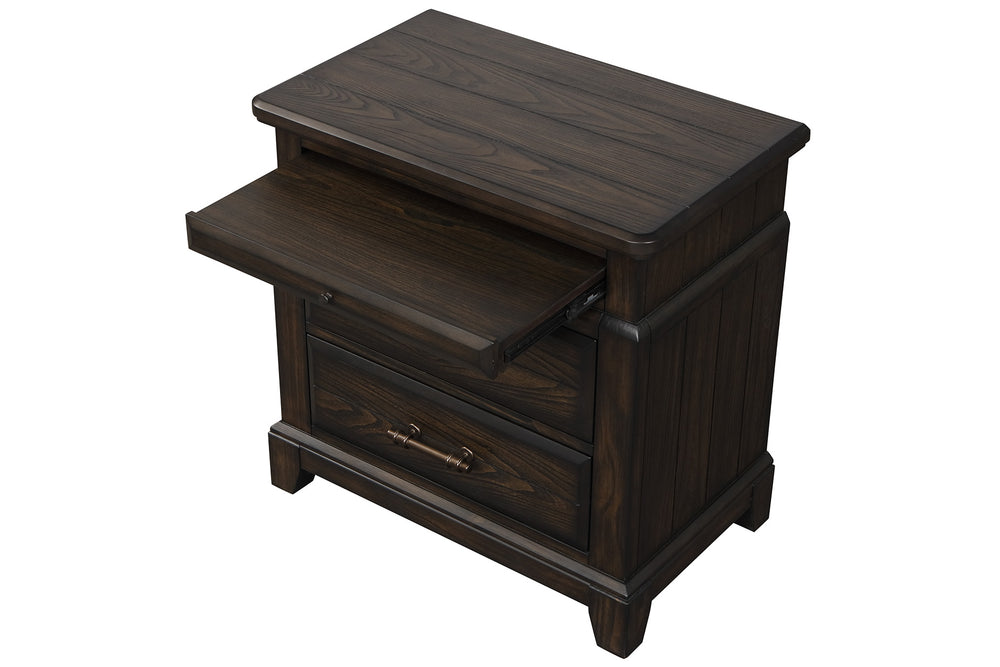 English Elm 2 Drawer Nightsand with Bookmatched Ash Veneers, USB Port, Solid Wood & MDF, Sleek Storage Design Mahogany 30.75 L x 20.25 W x 31 H B2699P238878