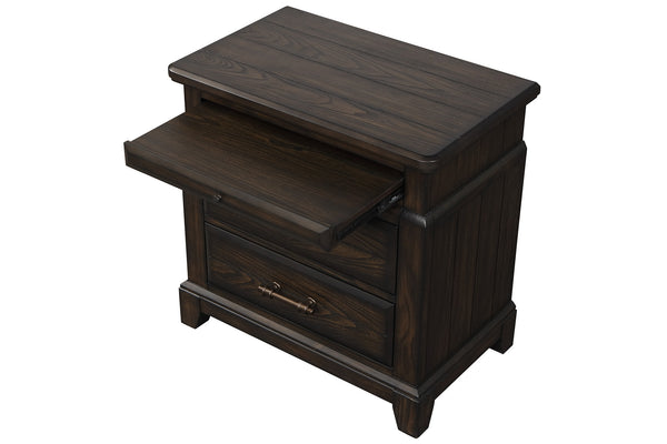 English Elm Queen Sleigh Bed Dark Mahogany Set with Dresser, Mirror, Chest & Nightstand — Solid Wood, Hardware B2699S00069