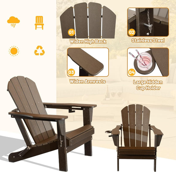 English Elm Adirondack Hdpe Folding Chair Set Outdoor Patio Fire Pit Seating with Cup Holder Brown W1859P453303