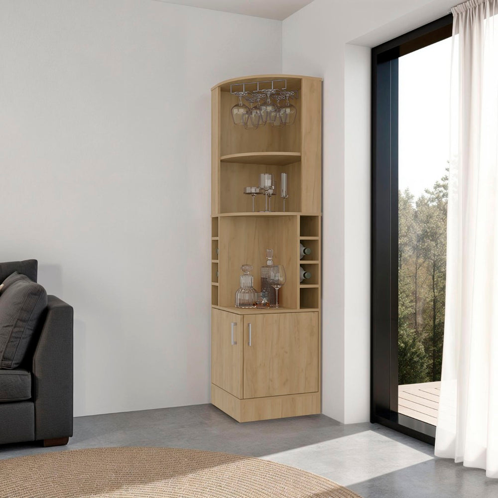 English Elm Cairo Corner Bar Cabinet with Glass Rack Wine Storage and Double Door Walnut Finish Natural B097S00272