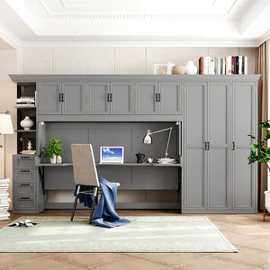 English Elm Twin Murphy Wall Bed with Integrated Desk Wardrobe and Storage Cabinet in White LP000767AAE