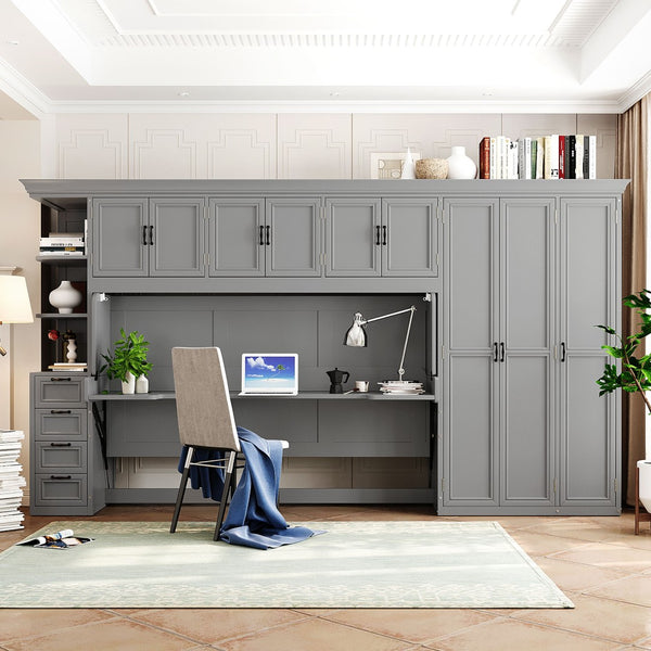 English Elm Twin Murphy Wall Bed with Integrated Desk Wardrobe and Storage Cabinet in White LP000767AAE