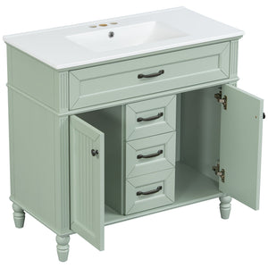 English Elm 36 Inch Bathroom Vanity with Ceramic Sink, Durable MDF & Solid Wood Frame, Soft-Close Doors, Luxe Handles, Ample Organized Storage, Modern Freestanding Design Green N725P314034F