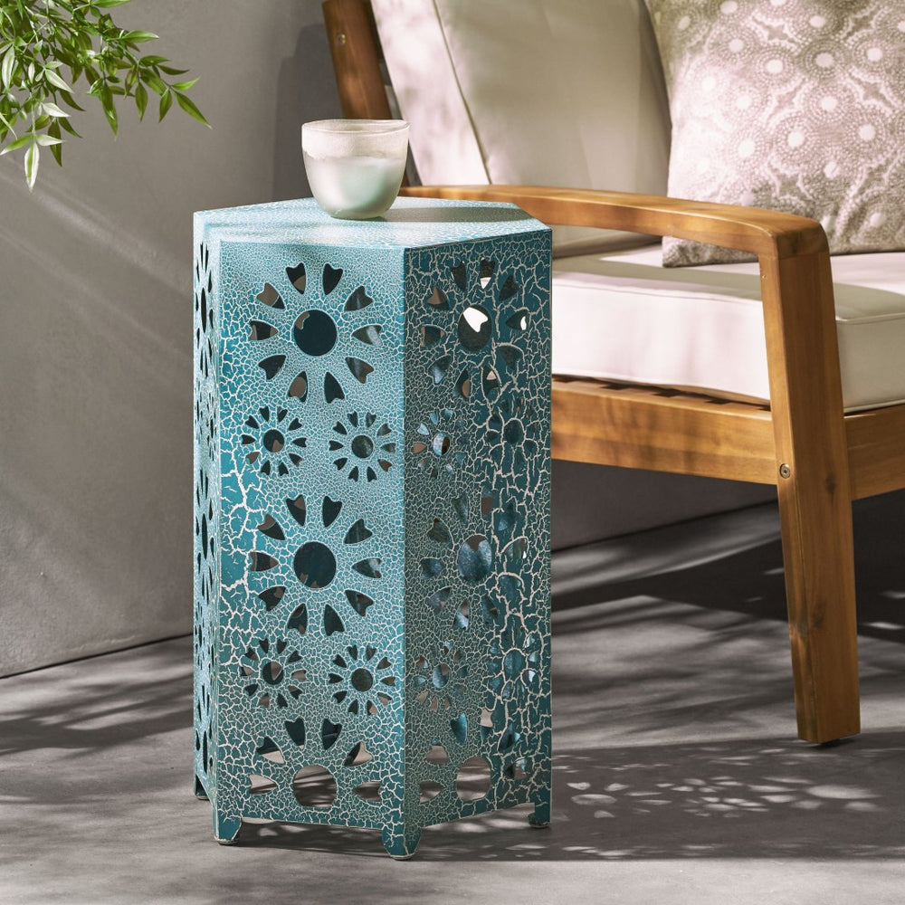 English Elm Galore Iron Patio Side Table with Sunburst Cutout and Crackle Finish for Outdoor Lounging Teal 60815.00CT