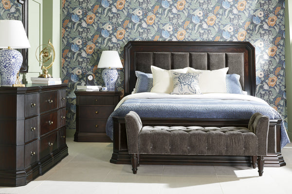 A.R.T. Furniture Revival Upholstered Bed In Charcoal Velvet - Traditional Napa Mahogany Finish With Luxe Details Black, Brown Rubberwood Solids,Quarter Mahogany Veneer,Foam,Fabric,Resin 328126-1730