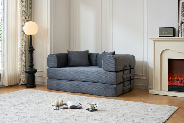 English Elm 59'' Corduroy Floor Sofa Convertible Sleeper with Bolster Pillow for Studio Living Gray W3434P449859